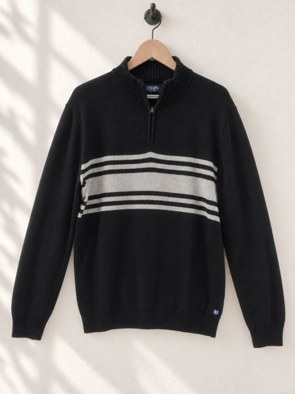 Chaps, Quarter-Zip Striped Sweater, Black & Grey, Men’s Large